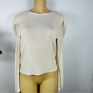 Zara Ribbed Puff Sleeve Long Sleeve Top Sz L Ivory Cream Shirt Pullover Soft